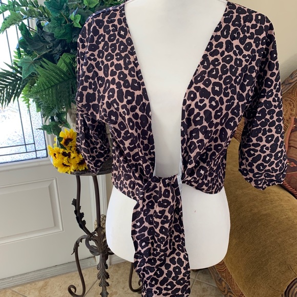 Leopard tie front elastic sleeve cardigan - Picture 2 of 8